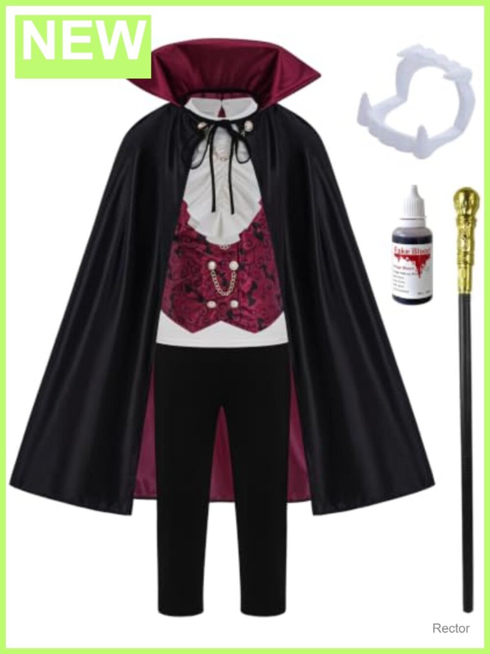 Kids Vampire Halloween Costume Set Cape Vest Pants Scepter Fangs 5-7Y